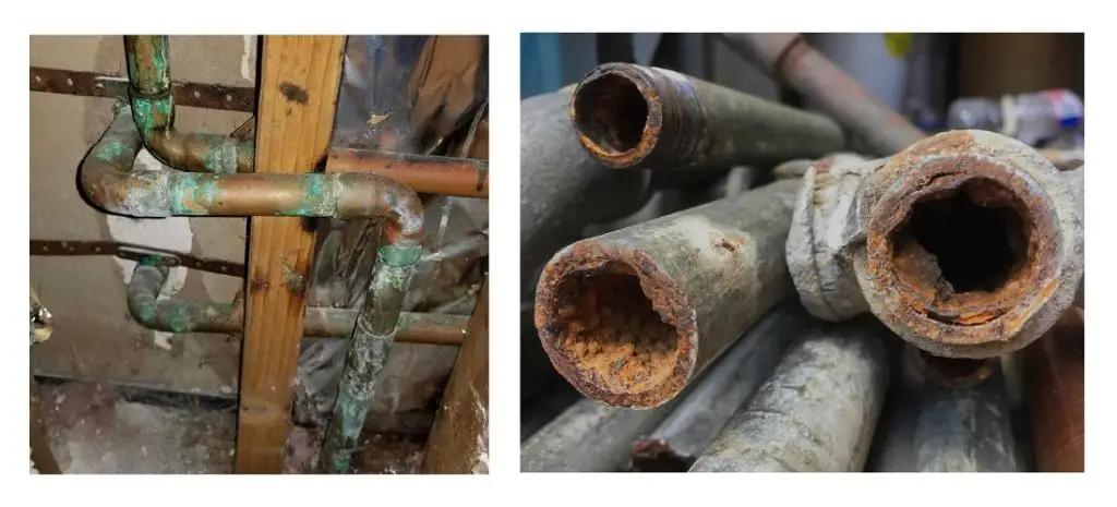 Copper pipes with corrosion and old galvanized steel pipes 