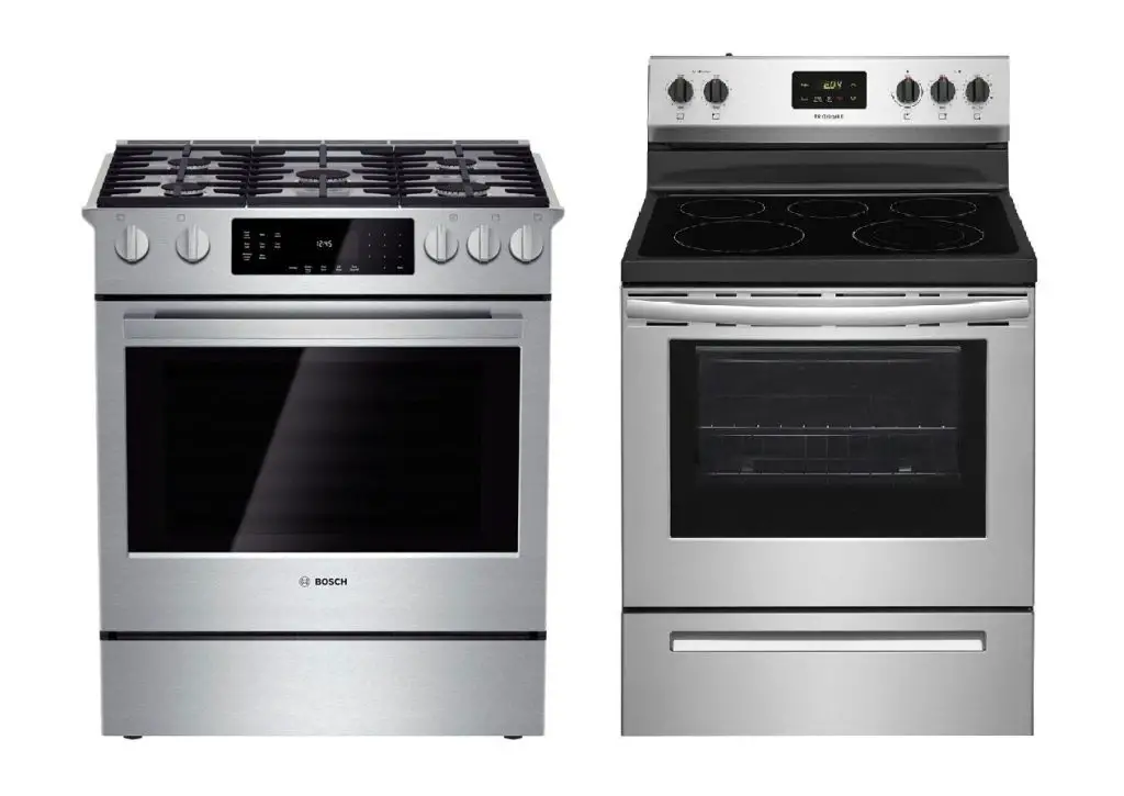 A gas oven and electric oven side by side 